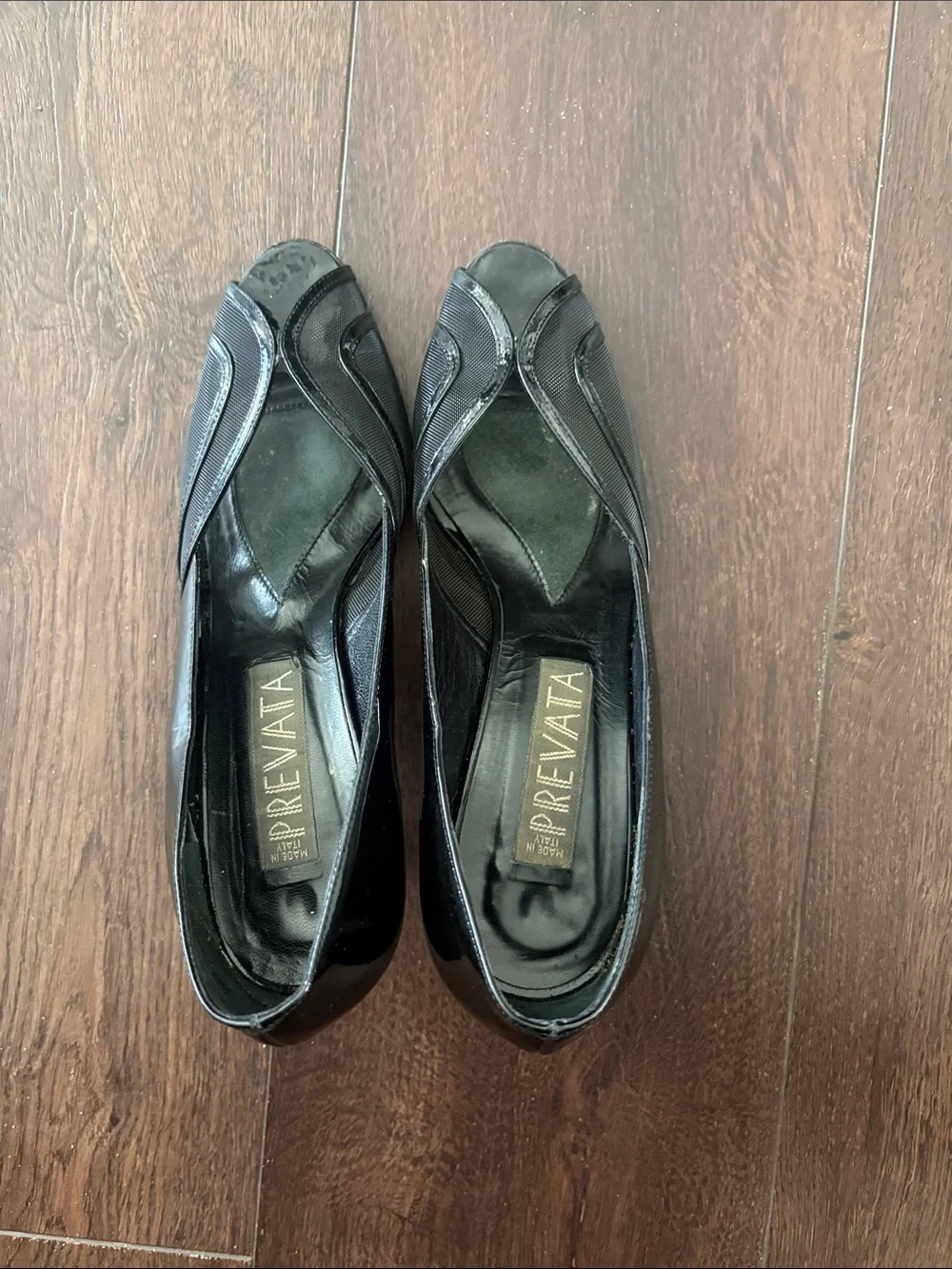 Prevata Black Patent & Fabric Peep-Toe Pumps